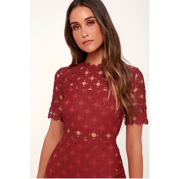 Lulus Burgundy Crochet Laced Bodycon Midi Dress Size S/ Party/ Cocktail/Formal - Picture 4 of 15